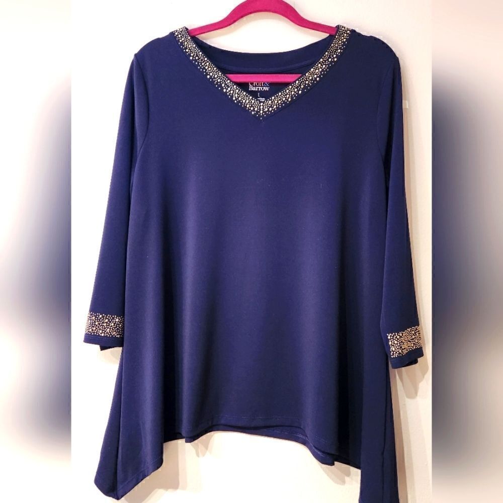 Croft& Barrow WOMEN'S 3/4 SLEEVE PULLOVER BLUE STRETCH WITH BLISTERS SIZE L